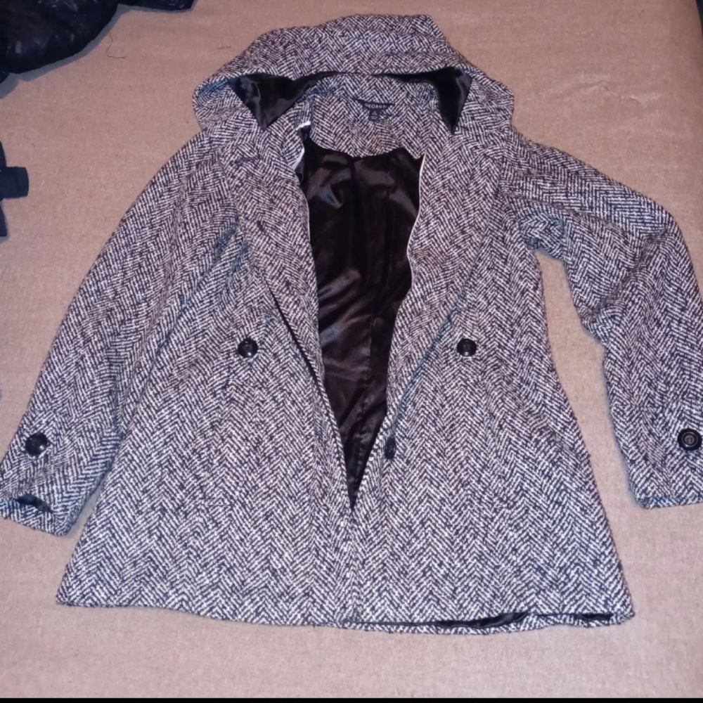 Nice Black and White Hooded Button down Peacoat- Size M